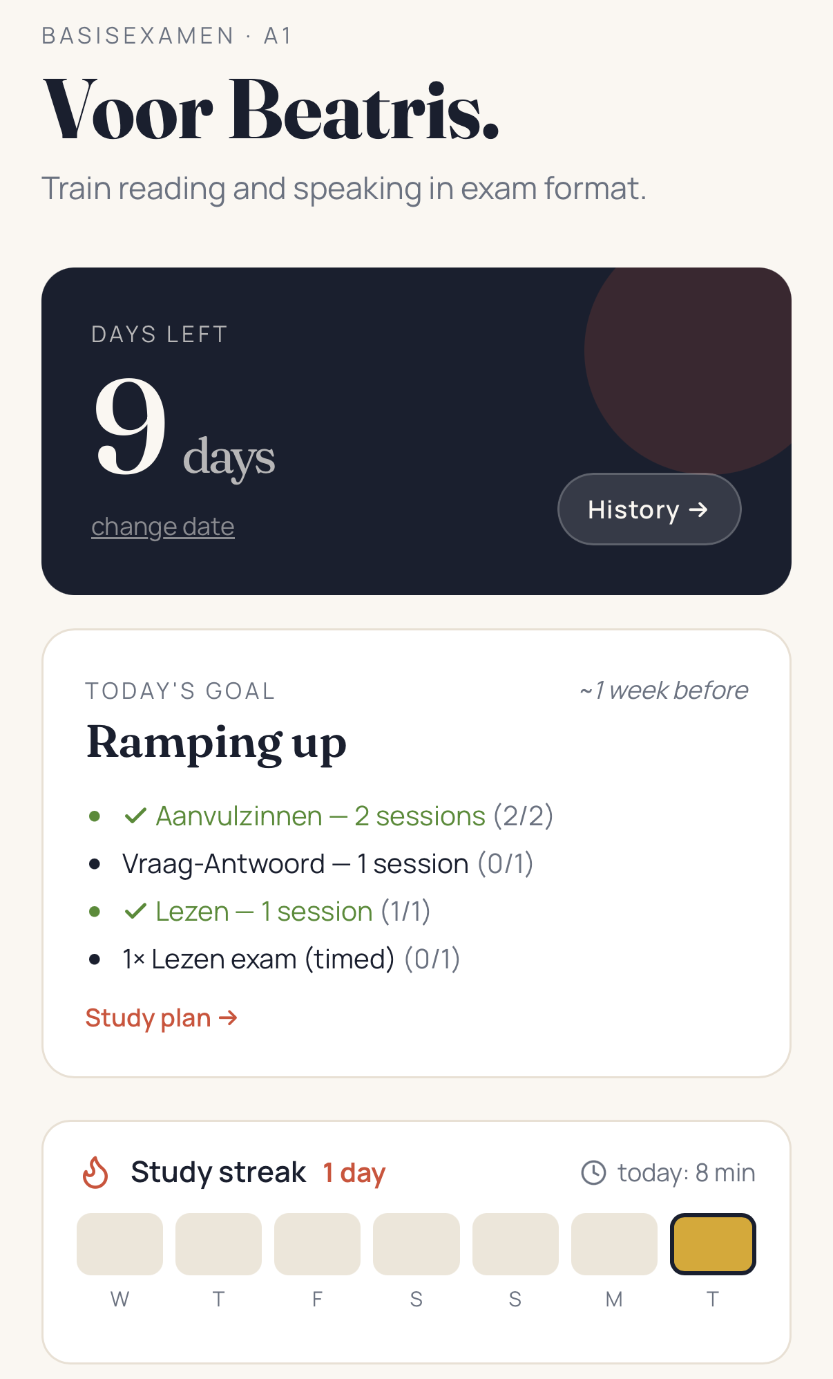 Inburger A1 app home screen with daily goal and study streak