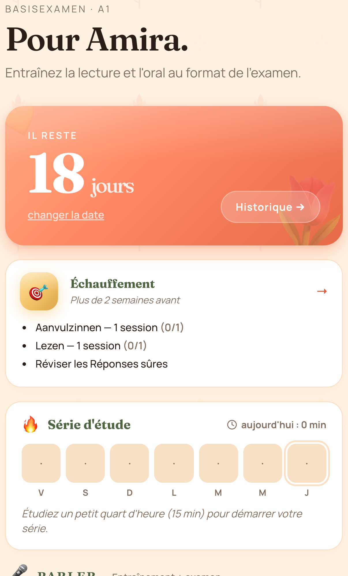 Écran d'accueil de l'app Inburger A1 avec objectif du jour et série d'étude