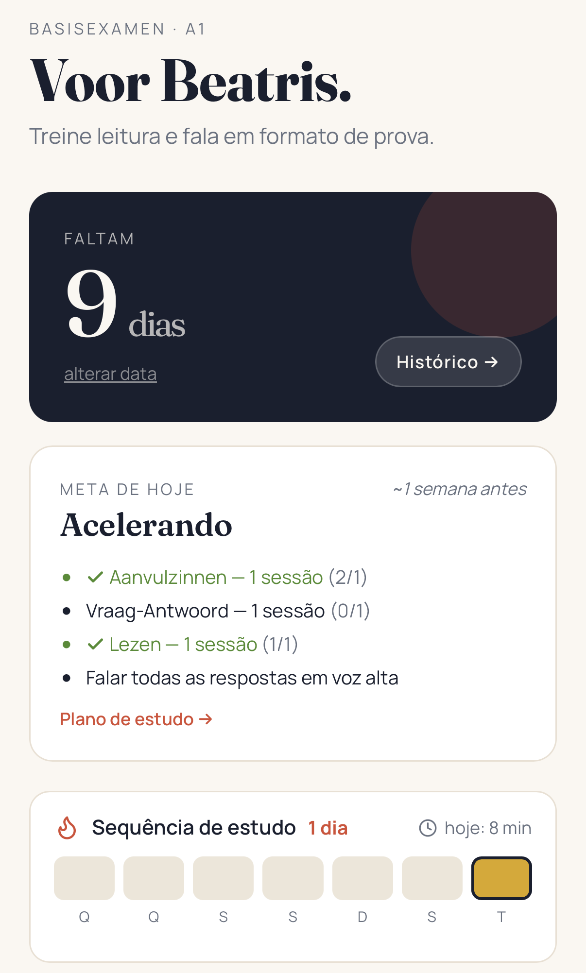 Tela inicial do app Inburger A1 com meta do dia e sequência de estudo